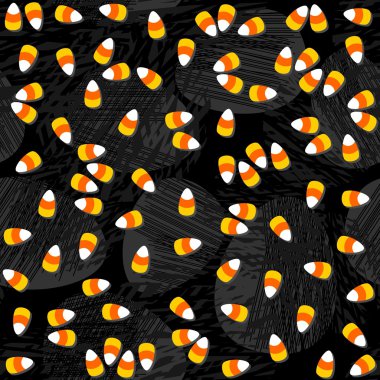 Cadılar bayramı şekeri sarı turuncu tatlı sonbahar tatil renkli dağınık seamless modeli koyu arka plan üzerinde beyaz