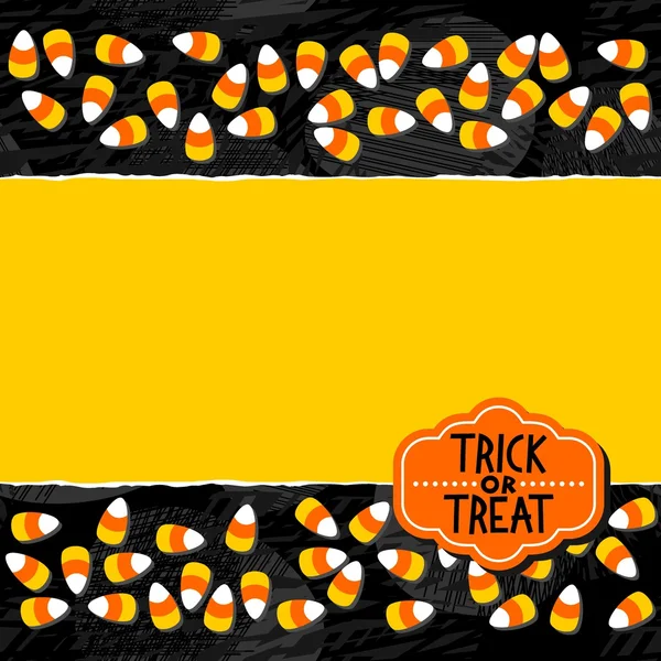 Halloween cukroví bílé žluté oranžové sladkosti dvakrát horizontální hranice podzimní svátek halloween odznak ve tvaru písmene barevný vzor na tmavém pozadí roztrhané kartu s prázdné místo pro váš text a retro — Stockový vektor