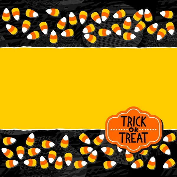 Cadılar Bayramı şeker beyaz sarı turuncu tatlı yatay kenarlık metin ve retro boş yer ile kartı parçalanmış koyu arka plan üzerinde renkli desen halloween rozet şeklinde sonbahar tatil çift.