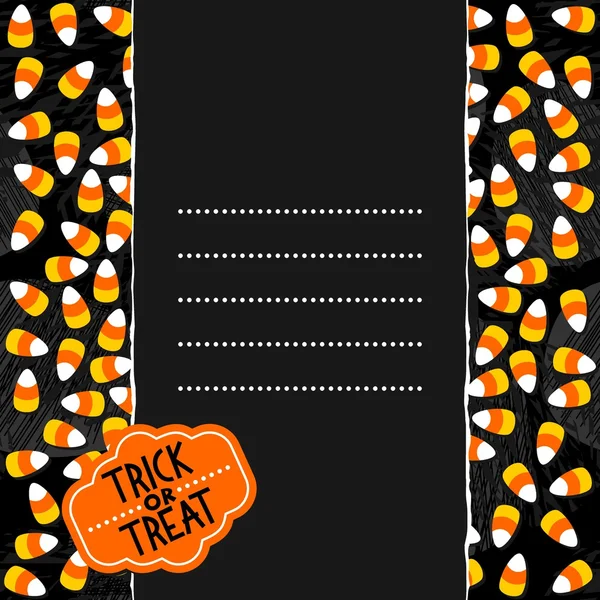 Bonbons d'Halloween bonbons orange jaune blanc avec autocollant en forme de rétro d'Halloween carte colorée de vacances d'automne sur la pièce maîtresse déchirée verticale sans couture sombre avec place vide pour votre texte sur ruban orange — Image vectorielle