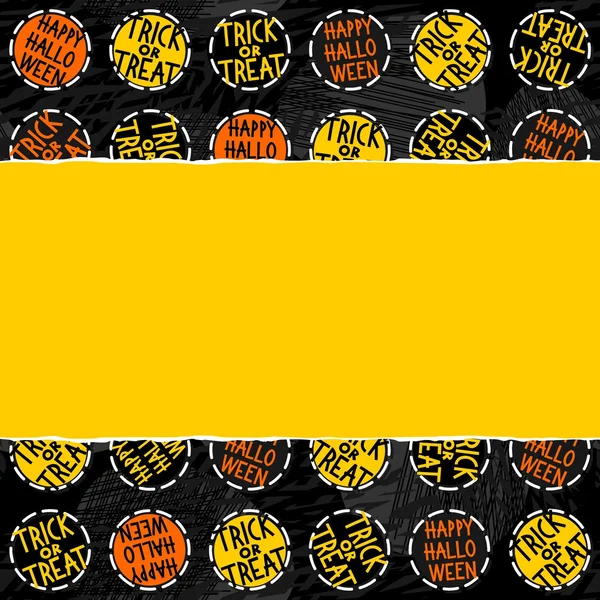 Gelukkig halloween truc of behandelen wit zwart geel oranje ronde badges herfstvakantie naadloze patroon op donkere achtergrond op horizontale gescheurd geel papier seizoensgebonden horizontale naadloze grens — Stockvector