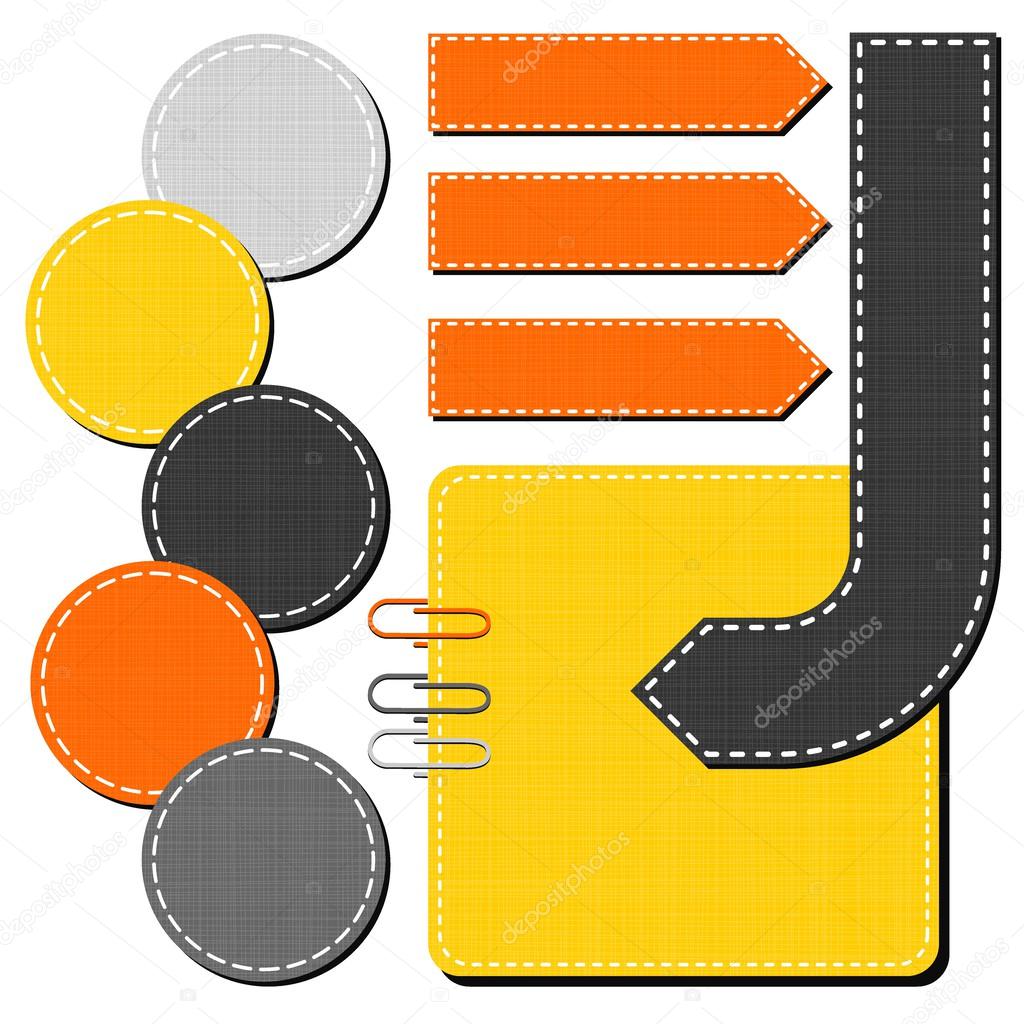 Yellow orange gray arrow round rectangular sewed shapes speech patterned elements for infographic with clips isolated on white background