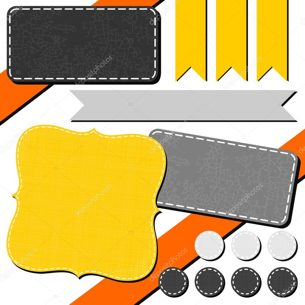 Yellow orange gray arrow retro flag dot rectangular sewed shapes speech patterned elements for infographic with ribbon isolated on white background