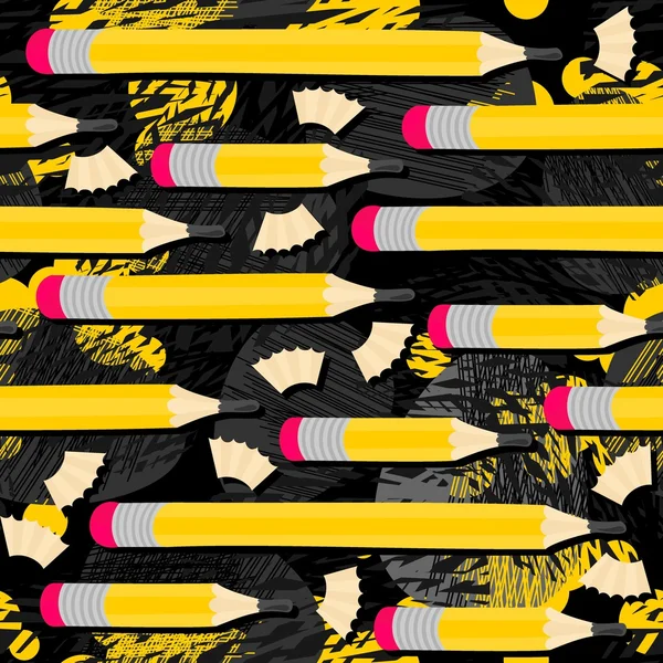 Crayons jaunes et copeaux de bois en rangées horizontales motif sans couture avec des éléments isolés sur fond sombre désordonné — Image vectorielle