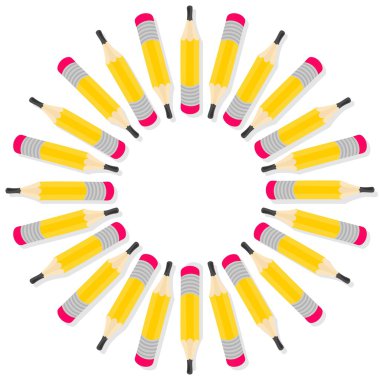 beyaz zemin üzerine öğeleriyle izole sarı kalemler düzenli dekoratif çelenk