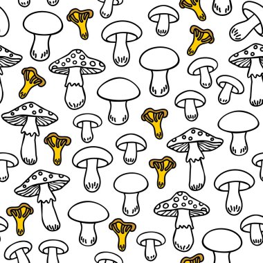 beyaz zemin üzerine sarı elemanları ile farklı mantar türü tek renkli seamless modeli