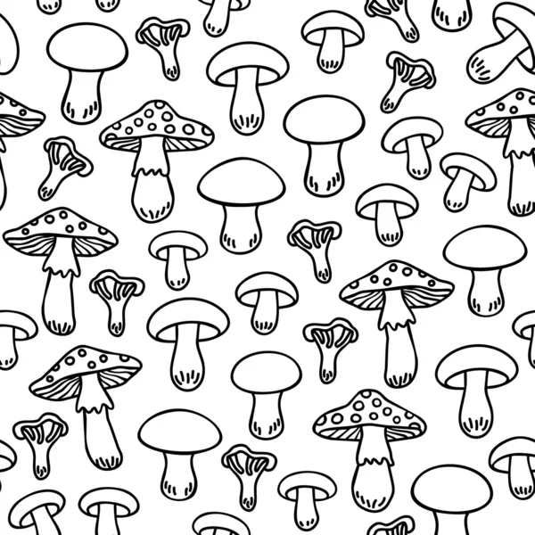 Diferentes tipos de cogumelos padrão sem costura monocromático no fundo branco — Vetor de Stock