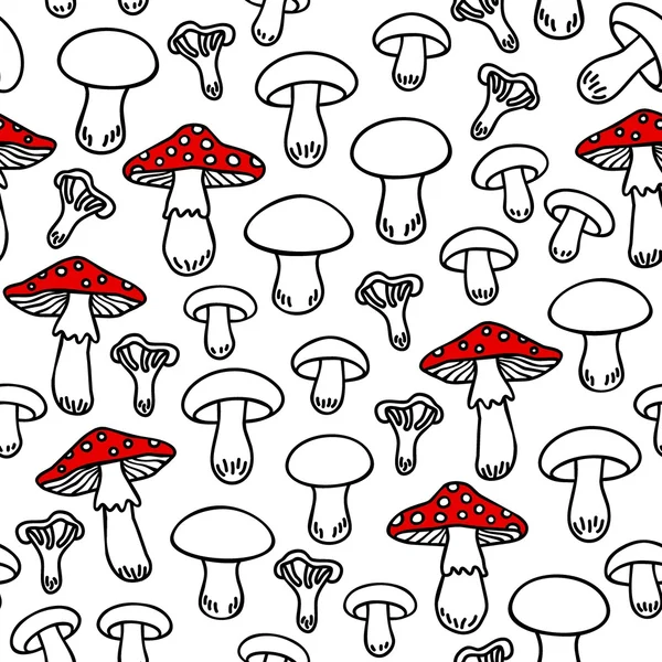 Different mushroom types monochrome seamless pattern with red elements on white background — Stock Vector