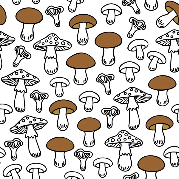 Diversi tipi di funghi modello monocromatico senza cuciture con elementi marroni su sfondo bianco — Vettoriale Stock