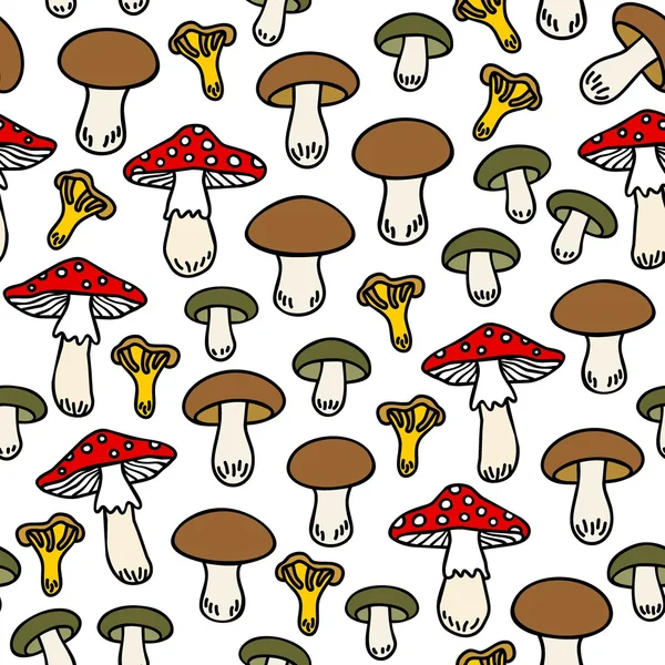 Diferentes tipos de cogumelos padrão sem costura colorido no fundo branco — Vetor de Stock