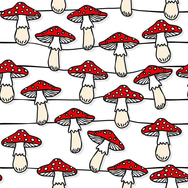 Toadstool mushrooms white beige red autumn seasonal seamless pattern with horizontal lines on white background — Stock Vector