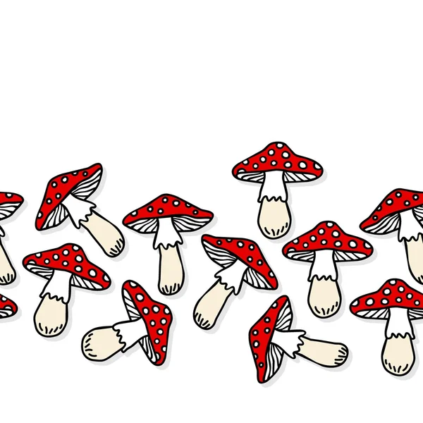 Поганка грибы белый бежевый красный осенью сезонная бесшовная горизонтальная граница на белом фоне — стоковый вектор