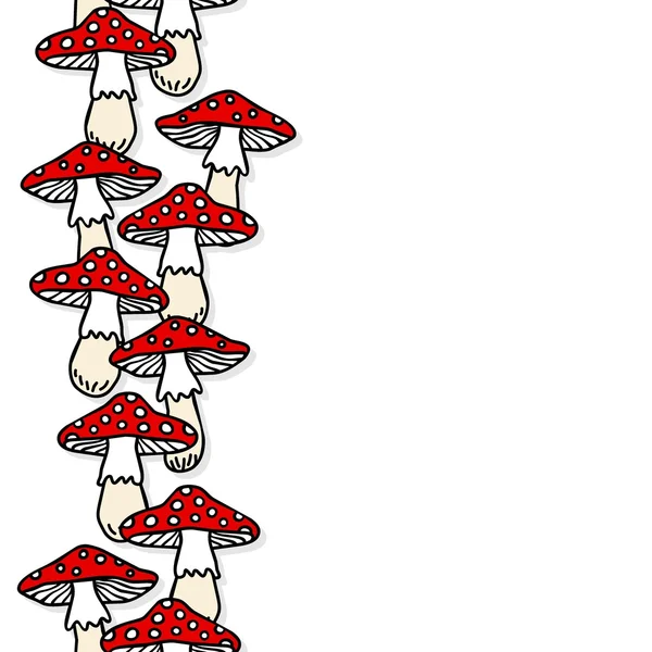 Toadstool mushrooms white beige red autumn seasonal seamless vertical border on white background — Stock Vector