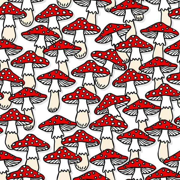 Muchomůrka houby bílé tělové červené podzimní sezónní bezešvé vzor na bílém pozadí — Stockový vektor