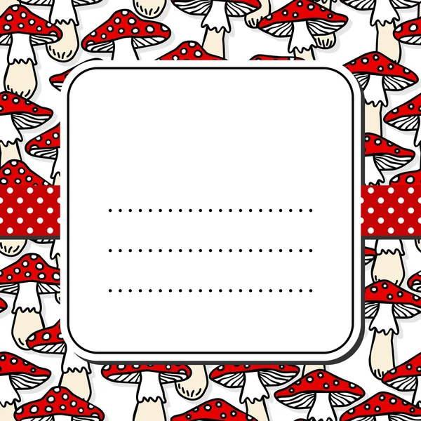 Toadstool mushrooms white beige red autumn seamless pattern on white background with retro frame on red dotted ribbon seasonal card — Stock Vector