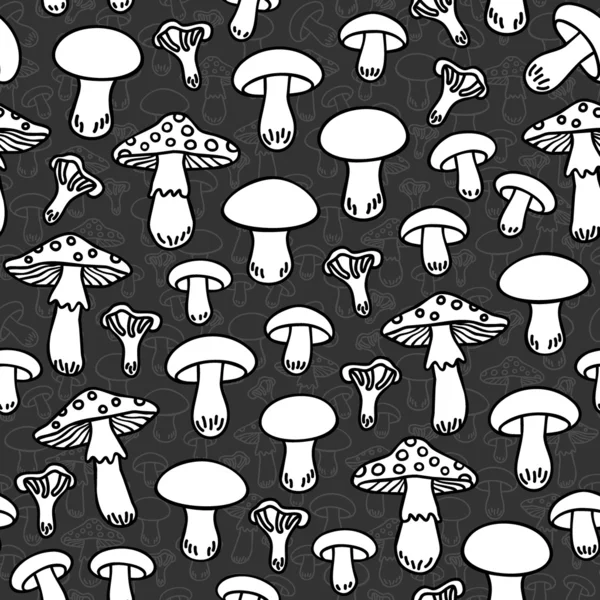 Different mushroom types monochrome seamless pattern on dark background — Stock Vector