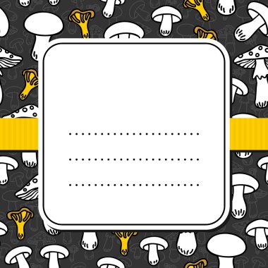 retro çerçeve üzerinde sarı kurdele ile koyu zemin üzerine sarı elemanları ile farklı mantar türü tek renkli seamless modeli