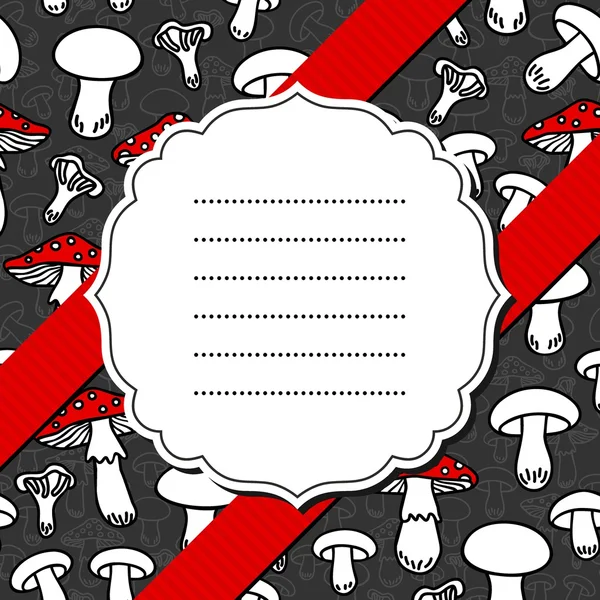 Different mushroom types monochrome seamless pattern with red elements on dark background with retro frame on red ribbon — Stock Vector