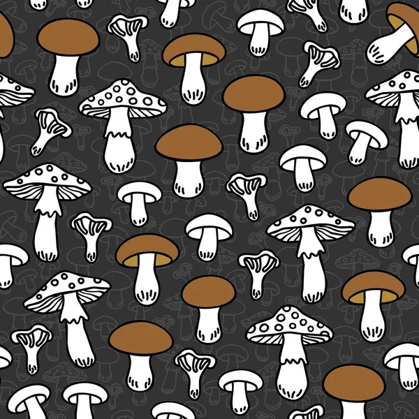 Different mushroom types monochrome seamless pattern with brown elements on dark background — Stock Vector