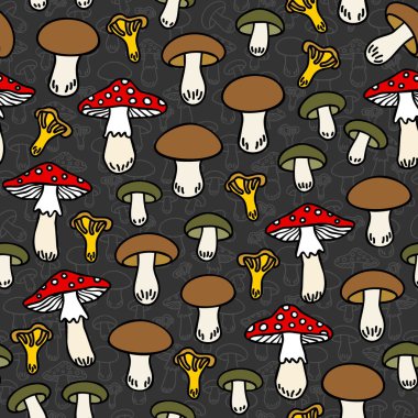 koyu arka plan üzerinde renkli seamless modeli farklı mantar türü