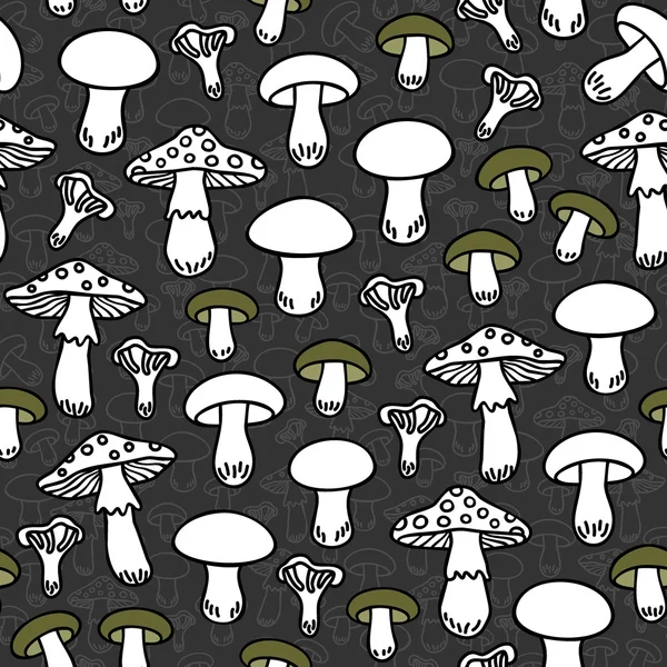 Different mushroom types monochrome seamless pattern with green elements on dark background — Stock Vector