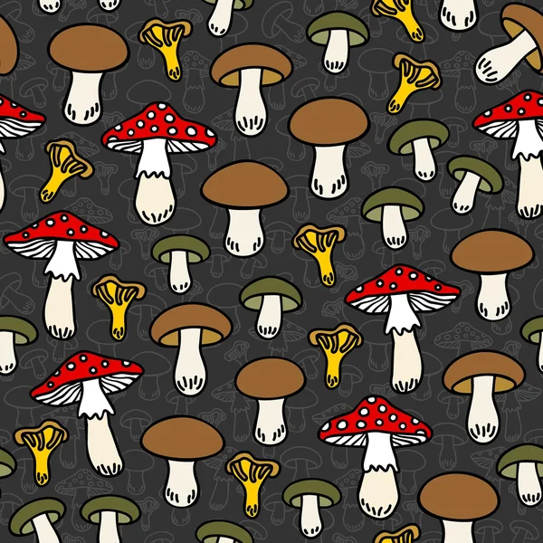 Diferentes tipos de cogumelos padrão sem costura colorido no fundo escuro — Vetor de Stock