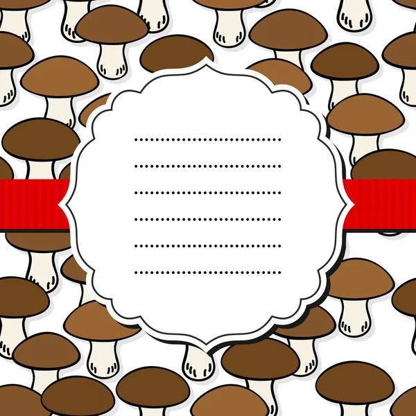 Funghi boletus bianco beige marrone autunno stagionale modello senza cuciture su sfondo bianco con cornice retrò e nastro rosso — Vettoriale Stock
