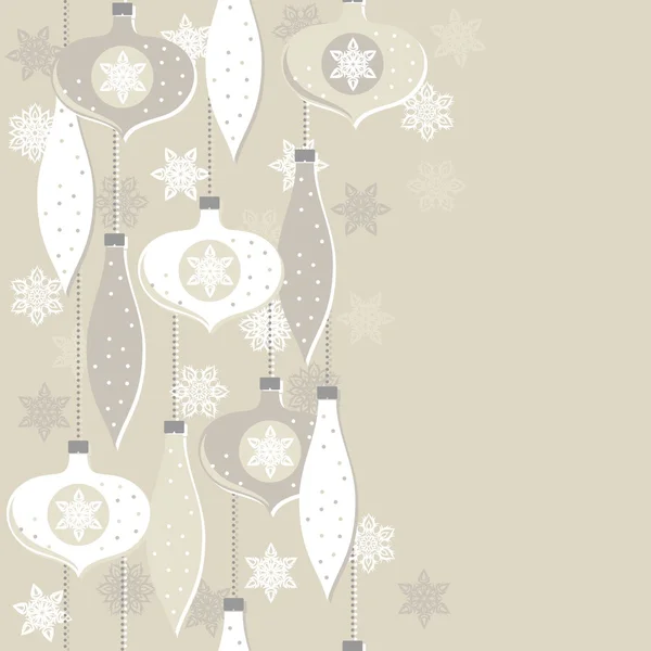 Delicate white beige glass balls and lace snowflakes winter holiday seamless vertical border on light background — Stock Vector