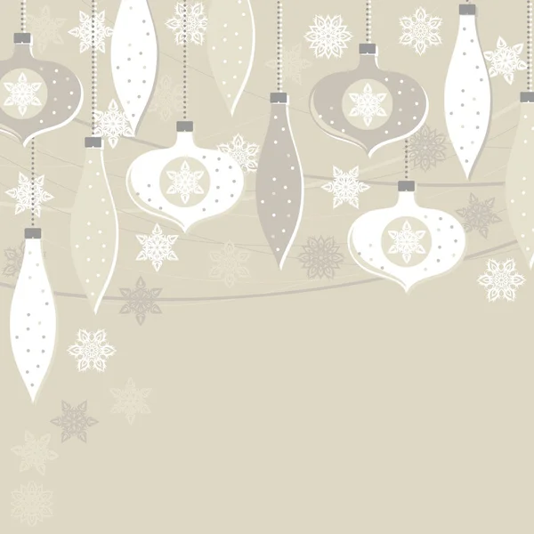 Delicate palline di vetro bianco beige e fiocchi di neve in pizzo illustrazione vacanza invernale con posto per il tuo testo Biglietto di auguri di Natale Capodanno quadrato — Vettoriale Stock