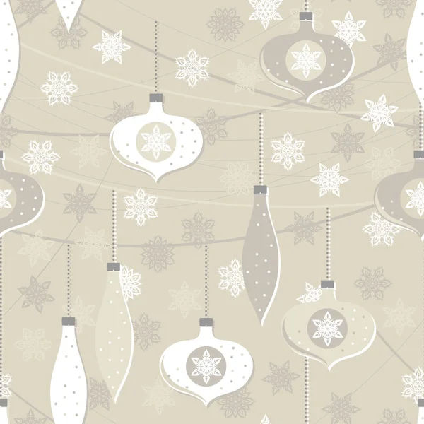 Delicado branco bege vidro bolas e rendas flocos de neve inverno feriado sem costura padrão no fundo leve — Vetor de Stock