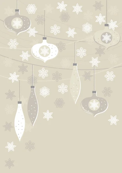 Delikat vit beige glaskulor och spetsar snöflingor vintern semester illustration med plats för din text jul nyår vertikala formade gratulationskort på ljus bakgrund — Stock vektor