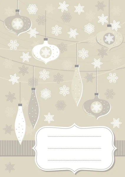 Delicado blanco bolas de vidrio beige y copos de nieve de encaje vacaciones de invierno ilustración Navidad Año Nuevo tarjeta de felicitación en forma vertical con marco retro y cinta pelada beige sobre fondo claro — Vector de stock