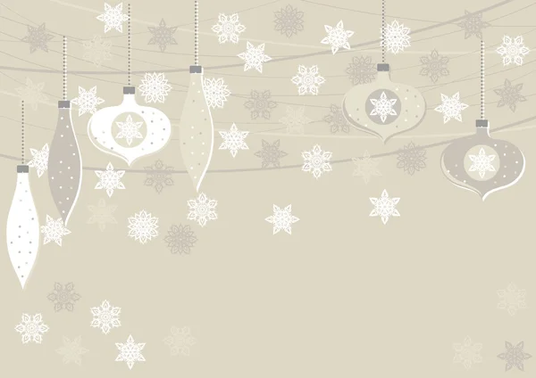 Delicadas bolas de vidrio beige blanco y copos de nieve de encaje ilustración de vacaciones de invierno con lugar para su texto Navidad Año Nuevo tarjeta de felicitación en forma horizontal sobre fondo claro — Archivo Imágenes Vectoriales