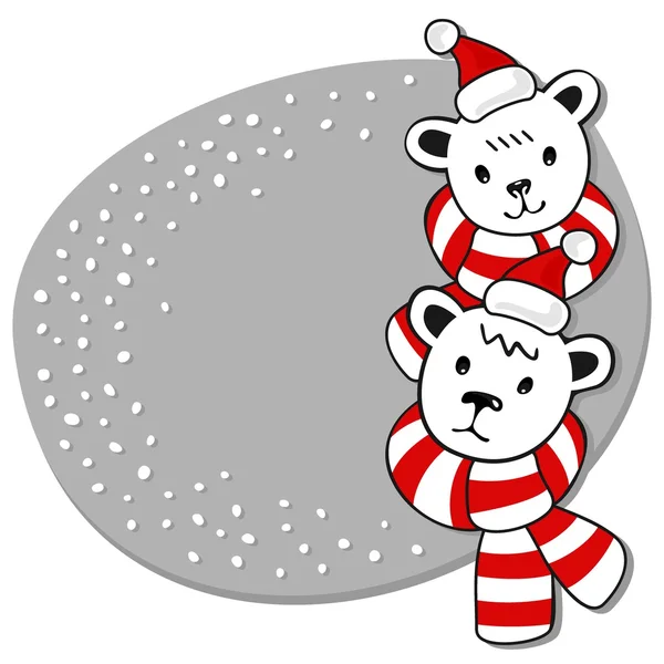 Два белых медведя в шляпах Санта-Клауса и красочные шарфы зимние праздники карты на белом фоне — стоковый вектор