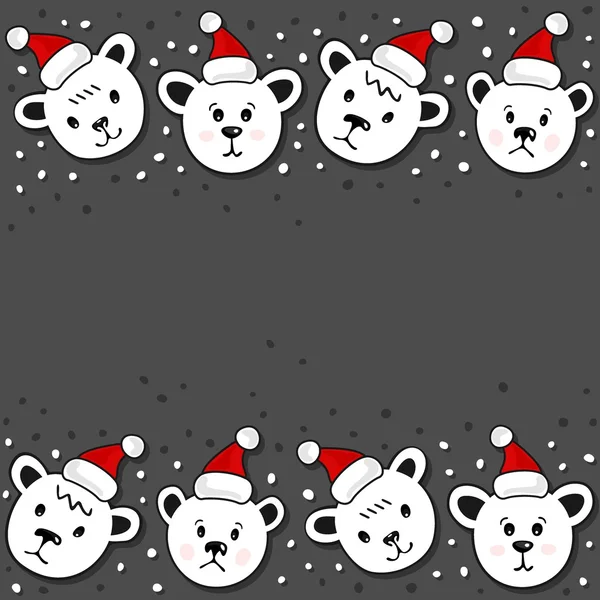 Polar bears in Santa Claus hats Christmas winter holidays seamless double horizontal border on dark background — Stock Vector