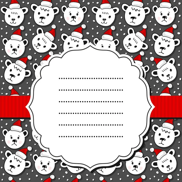 Eisbären in Weihnachtsmannhüten Weihnachten Winterurlaub nahtloses Muster auf dunklem Hintergrund mit Retro-Rahmen und Band Grußkarte — Stockvektor
