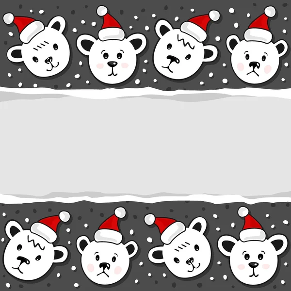 Polar bears in Santa Claus hats Christmas winter holidays horizontal card with torn paper on dark background — Stock Vector