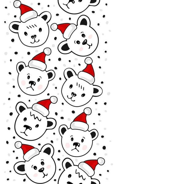 Polar bears in Santa Claus hats Christmas winter holidays seamless vertical border on white background — Stock Vector