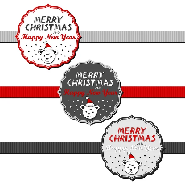 Kutup ayıları, Noel Baba şapkaları Noel kış tatil vintage çerçeveli rozetleri ile şerit ve Noel dilek İngilizce olarak beyaz arka plan üzerinde