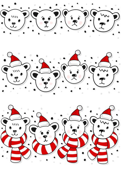 Polar bears faces, in Santa Claus hats and in hats and scarfs Christmas winter holidays seamless horizontal border set isolated on white background