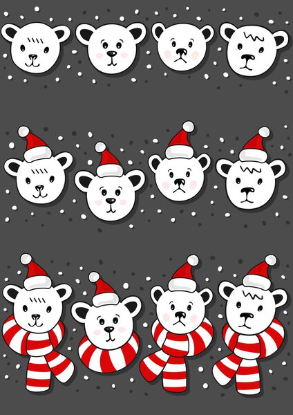 Polar bears faces, in Santa Claus hats and in hats and scarfs Christmas winter holidays seamless horizontal border set isolated on dark background
