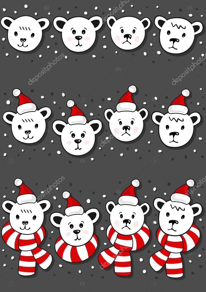 Polar bears faces, in Santa Claus hats and in hats and scarfs Christmas winter holidays seamless horizontal border set isolated on dark background