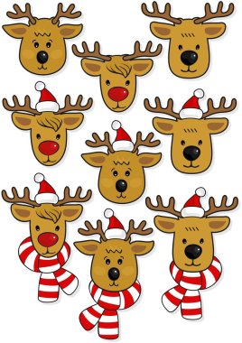 Reindeers faces, in Santa Claus hats and in hats and scarfs Christmas winter holidays animal set isolated on white background