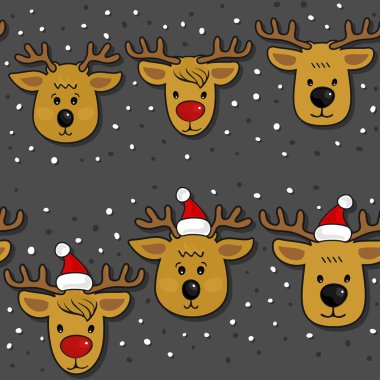 Reindeers yüzleri ve reindeers Noel Baba şapkaları Noel kış tatil kesintisiz yatay kenarlık üzerinde izole koyu arka plan belirleme