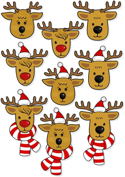 Reindeers yüzler, Noel Baba şapkaları ve şapka ve kaşkol Noel kış tatil hayvan izole üzerinde beyaz arka plan belirleme