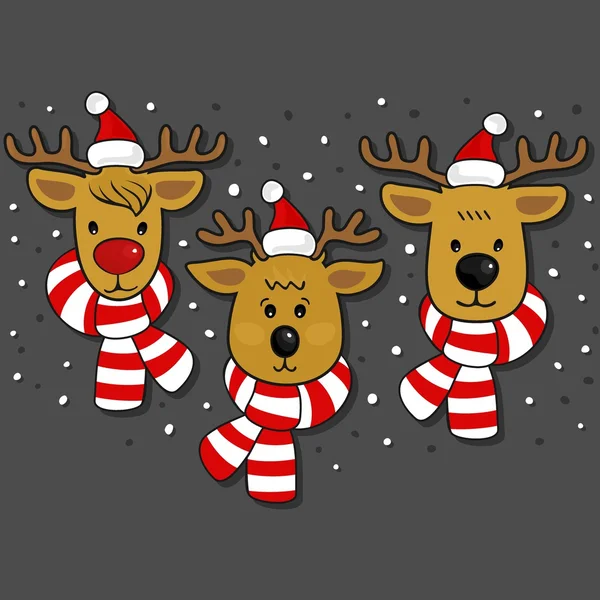 Renar ansikten i Santa Claus hattar och halsdukar jul vinter semester sömlös vågräta kantlinjen isolerad på mörk bakgrund — Stock vektor