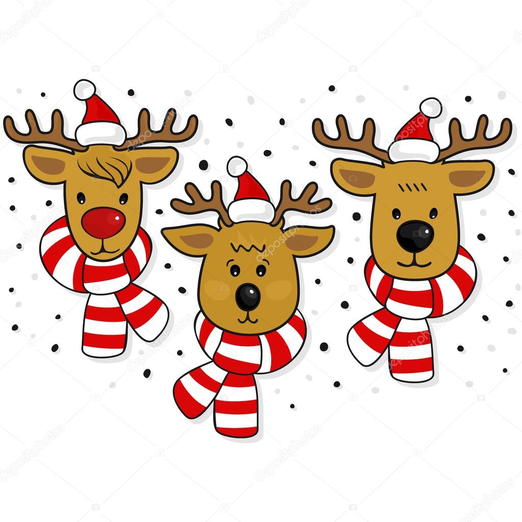 Reindeers faces in Santa Claus hats and scarfs Christmas winter holidays seamless horizontal border isolated on white background