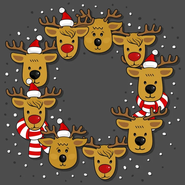 Teste di renna in cappelli di Babbo Natale e sciarpe colorate corona carta vacanze invernali con puntini di neve isolati su sfondo scuro — Vettoriale Stock