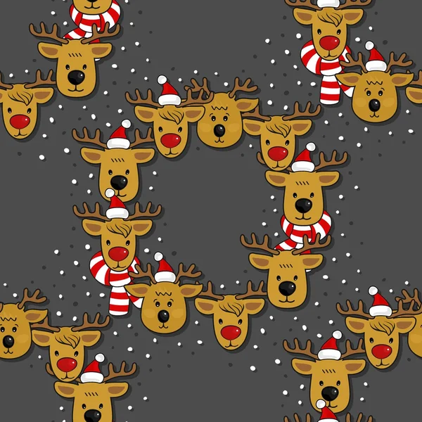 Reindeer heads in Santa Claus hats and colorful scarfs  wreath winter holidays illustration with snow dots seamless pattern on dark background — Stock Vector
