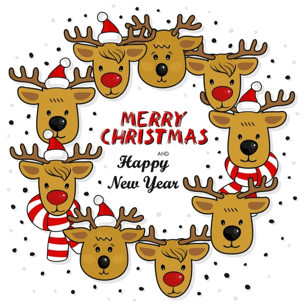Couronne de groupe de rennes en chapeaux de Père Noël et écharpes colorées carte de vacances d'hiver avec voeux de Noël et Nouvel An en anglais sur fond blanc — Image vectorielle
